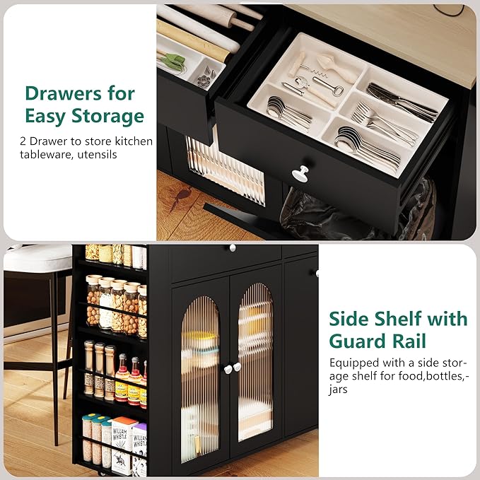 Kitchen Island with Drop Leaf & Power Outlet, Rolling Kitchen Island on Wheels with Trash Can Storage, Island Table Bar Cart with Spice Rack, Towel Rack, Drawers, Mobile Kitchen Carts on Wheels