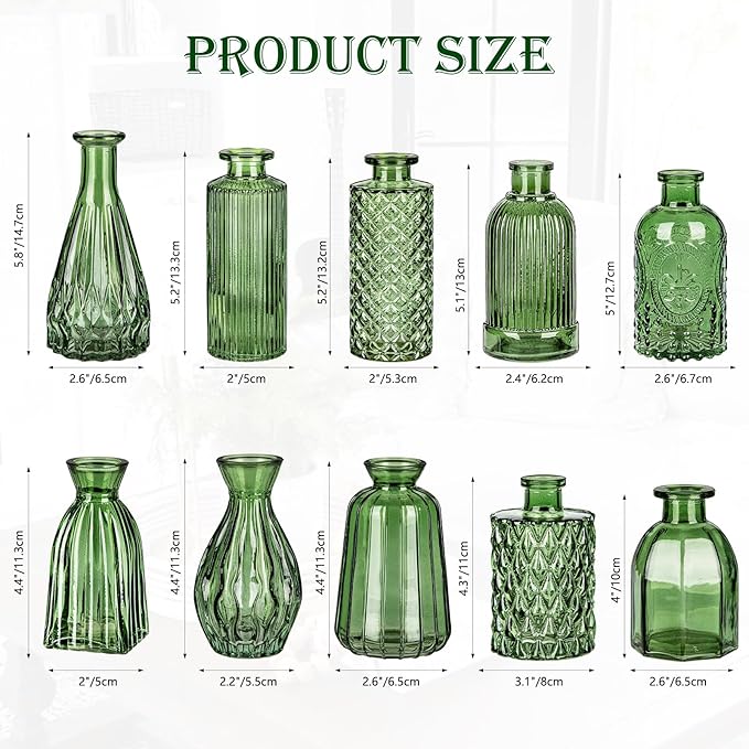 Glass Bud Vases Set of 10, Peacock Green Small Flower Vase in Bulk for Centerpieces, Mini Vintage Vases for Rustic Wedding Vintage Home Table Decor