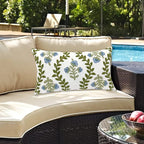 Alysheer Summer Floral Embroidered Decorative Throw Pillow Cover 12"x 20", Farmhouse Blue Flowers Green Leaves Patterned Cotton Canvas Lumbar Cushion Case for Sofa Couch Living Room Cottage Decor