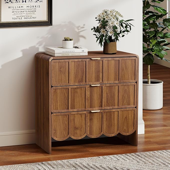 3 Drawer Dresser for Bedroom Set of 2, Modern Closet Chest of Drawers with Wave Fluted Drawer, Wood Storage Small Dresser Organizer for Nursery Bedroom Living Room Hallway Closet (Walnut)