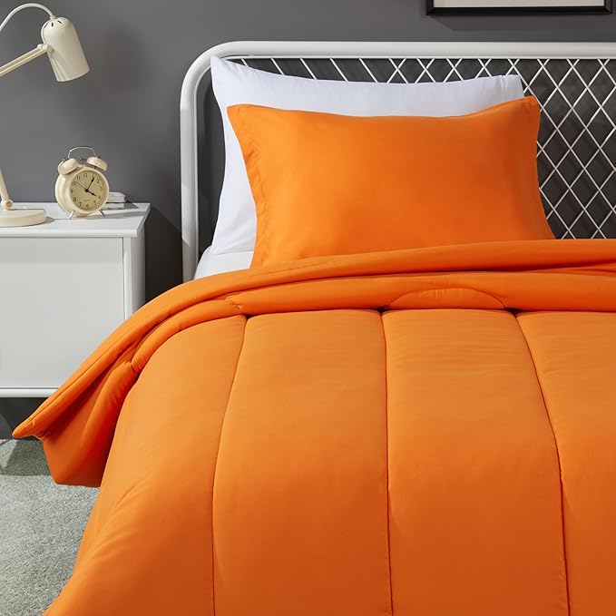 Amazon Basics 2 Piece Soft Microfiber Kids' Comforter and Pillow Sham Set, Twin, Bright Orange, Solid