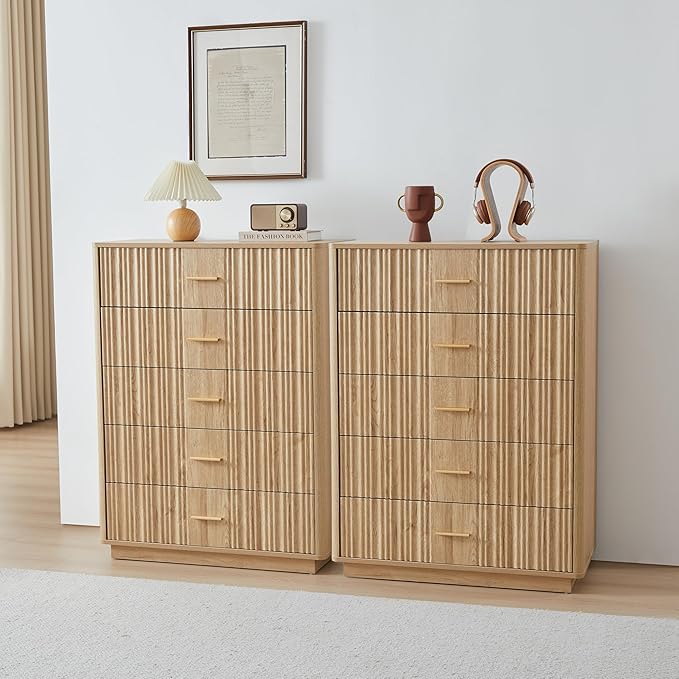 Fluted 5 Drawers Dresser for Bedroom, Wooden Tall Storage Dresser TV Stand, Curved Profile Modern Chest of Drawers, Wood Closet Clothes Storage Organizer for Living Room, Hallway, Natural 2 Sets