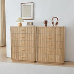 Fluted 5 Drawers Dresser for Bedroom, Wooden Tall Storage Dresser TV Stand, Curved Profile Modern Chest of Drawers, Wood Closet Clothes Storage Organizer for Living Room, Hallway, Natural 2 Sets