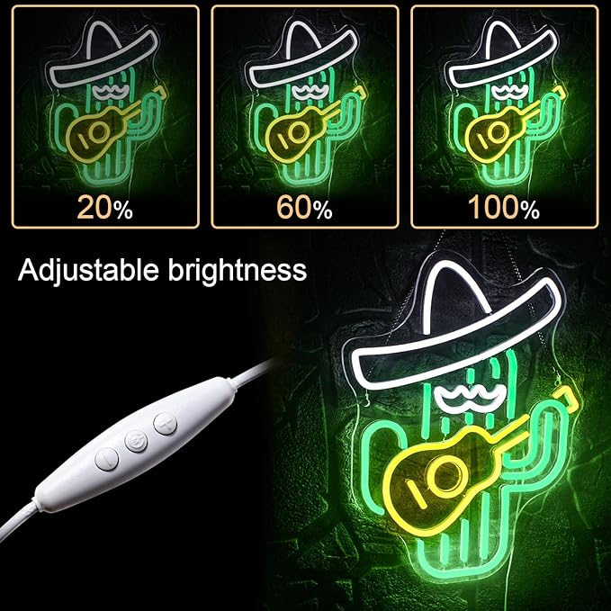 WLHOPE Cactus Neon Sign Cowboy Hat LED Signs Green Led Neon Signs for Wall Decor, Guitar Cactus Neon Led Signs USB Anime Neon Light for Bedroom Game Room Kids Room Home Bar Party Shop Gift