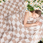 EMME Checkered Throw Blanket Cooling Cotton Blanket for Couch Soft Muslin Blankets 50"x60" Lightweight Breathable Cooling Soft All Season Gauze, Light Tan