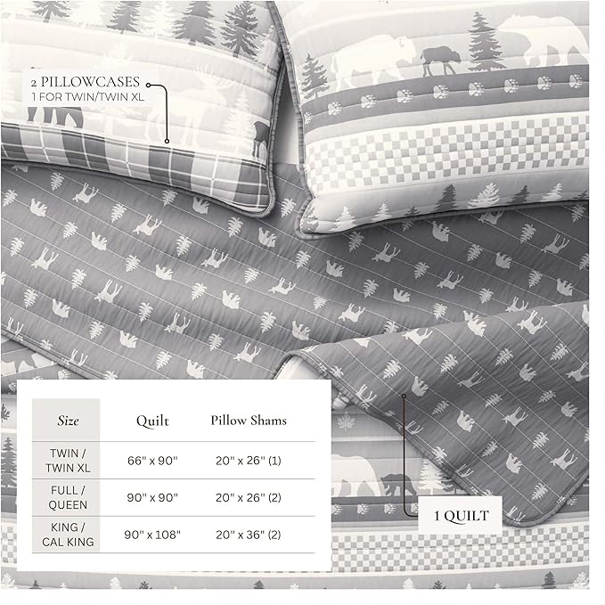 Rustic Cabin King Size Quilt Set with Shams - All-Season, Lightweight, Reversible Bedspread - Lodge-Themed Summer Bedding Sets (King/California King, Rustic Landscape Grey)