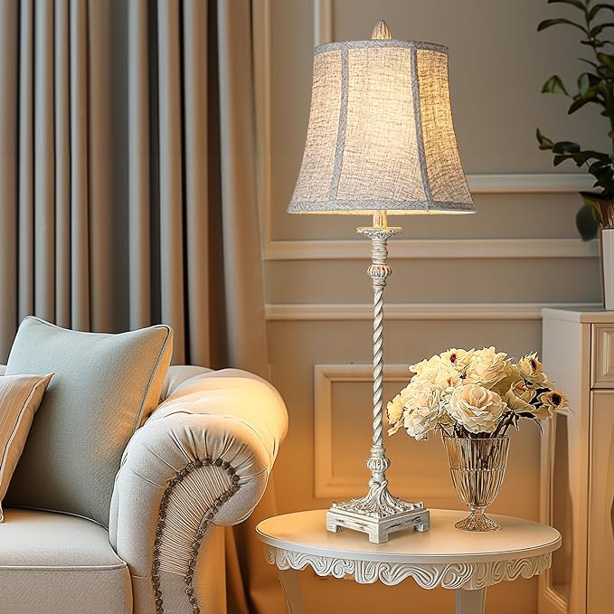 LuxSight European Country Vintage Style Candle Stick Buffet Table Lamps Set of 2, 33'' Tall Ivory White Linen Fabric Soft Bell Shade Stepless Dimming for Living Room Bedroom Dinning House Study Room