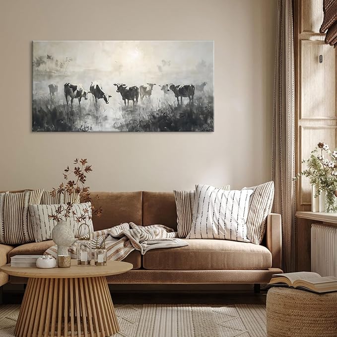 LASMOND Black and White Cow Wall Art for Living Room Ink Wash Canvas Painting Prints Morning Cattle Vintage Country Farmhouse Artwork Bedroom Office Decor (40x20 Inches)