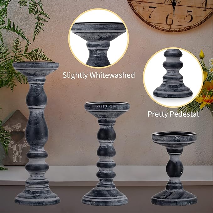 Candle Holder for Pillar Candles: Romadedi Set of 3 Decorative Wood Candlestick Holders, Rustic Wooden Candle Stand for Fireplace Mantle End Table Shelf in Farmhouse Style, Black 6”, 8.3”, 12”