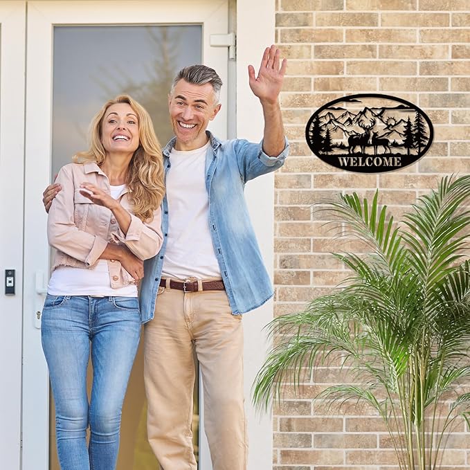 Rustic Metal Deer Cabin Sign, Outdoor Welcome Sign for Front Porch, Great Gift for Hunters, Farmhouse Cabin Decor