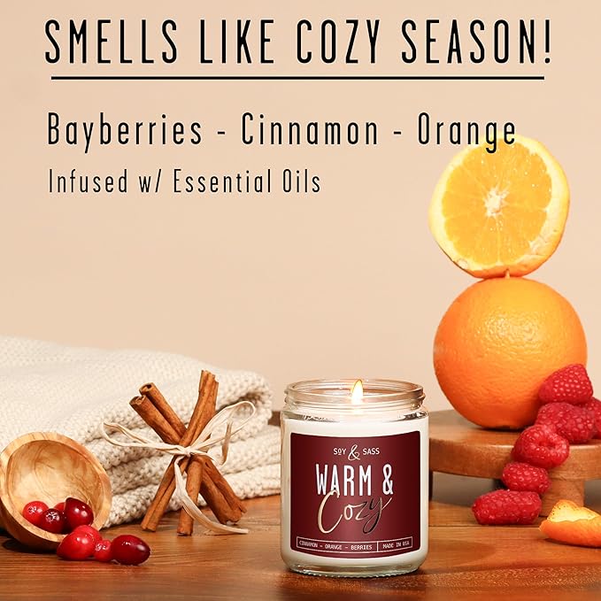 Christmas Candles, Fall Candles, Warm and Cozy' Soy Candle I Berries, Apple & Cinnamon I Infused w/Essential Oils I Warm n Cozy Home Decor I Winter and Holiday Candle I 50Hr Burn I USA Made