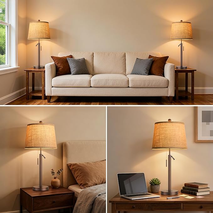 PARTPHONER Bedside Lamps Set of 2, Modern Table Lamps for Living Room, Height Adjustable Nightstand Lamps for Bedroom Office, End Table Lamps with Pull Chain(LED Bulbs Included), Oil Rubbed Bronze