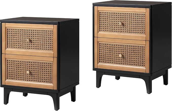 COZAYH Set of 2 Fully-Assembled 2-Drawer Woven Cane Front Accent Nightstand with Brass Knobs, Black