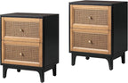 COZAYH Set of 2 Fully-Assembled 2-Drawer Woven Cane Front Accent Nightstand with Brass Knobs, Black