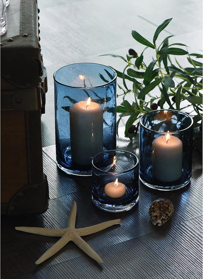ARIAMOTION Blue Candle Holder for Pillar Set 3 Modern Glass Bubbles Hurricane Cylinder Vases Table centerpieces Home Decor Tabletop Kitchen Island Dining Room Coffee Bar 8" 5" 3.5" Height