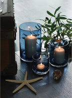 ARIAMOTION Blue Candle Holder for Pillar Set 3 Modern Glass Bubbles Hurricane Cylinder Vases Table centerpieces Home Decor Tabletop Kitchen Island Dining Room Coffee Bar 8" 5" 3.5" Height