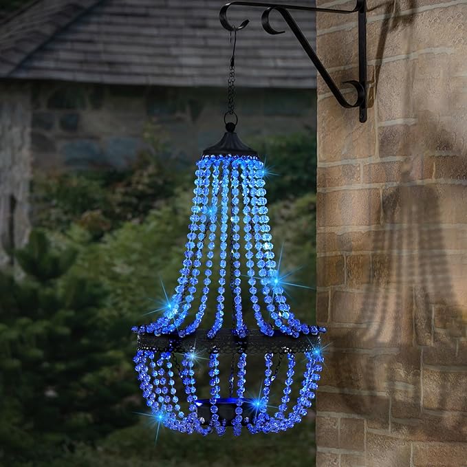 Hanging Solar Chandelier Outdoor, 30 Blue Lights Acrylic Clear Beaded Chandelier with S Hooks Modern Lantern for Garden Yard Patio Gazebo Decorations, 28”H