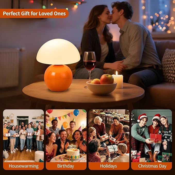 Mushroom Table Lamp, Orange Vintage LED Desk Light for Bedroom, Dimmable Ambient Lighting with Glass Shade for Bedroom, Reading, Home Décor, Gift for Friends