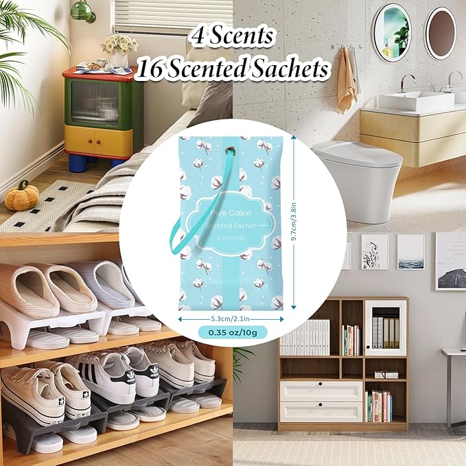 SCENTORINI Sachets for Drawers and Closets, Sachets Bags Long-Lasting, Linen Vanilla Cotton Eucalyptus & Sage, Pack of 16, Home Fragrance Sachet for Closet, Drawer, Wardrobe