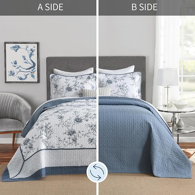 DDUOXIN Botanical Super Oversized King Bedspread - 128" W x120 L Extra Wide 100% Cotton California Quilt, Lightweight Reversible Oversize Bedspreads with 2 Pillow Shams, Blue/White/Pale Blue Gray