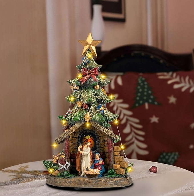 12'' Christmas Tree Lighted Manger Nativity Scene, Musical Holy Family Collectible Buildings Figurines LED Light Play Silent Night Music, Holiday Decorations Gifts for Family or Friends