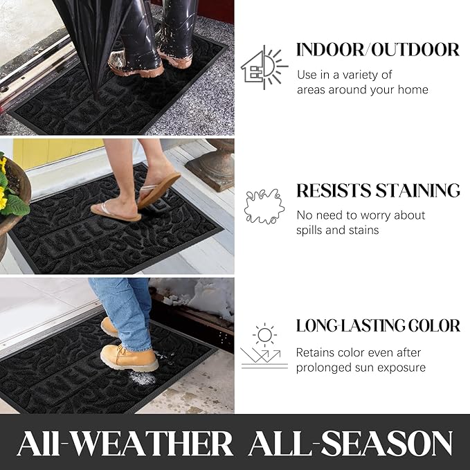 Yimobra Welcome Front Door Mat Outdoor, Heavy Duty Sturdy Non Slip Doormats, Rubber Backing, Low-Profile Entrance Rugs, Absorbent Resist Dirt, Easy Clean Patio Garage Floor Mats, 47X24 Inch, Black