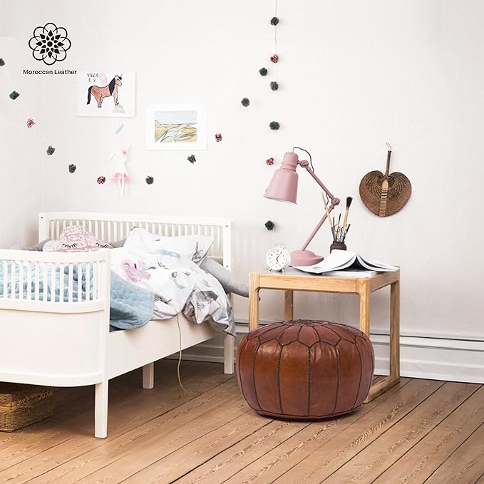 Handmade Moroccan Genuine Leather Pouf Ottoman Cover – Unstuffed Foot Stool Ottoman, Boho Foot Rest Under Desk, Round Ottoman for Living Room, Bedroom - Housewarming Gifts New Home, Weddings Gifts