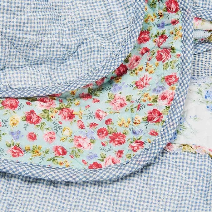 Cozyholy Original 100% Cotton Patchwork Quilt Twin Size Blue Floral Bedspread Coverlet Reversible Vintage Shabby Chic Quilted Throw Blanket Bed Quilt Cover for Couch Sofa