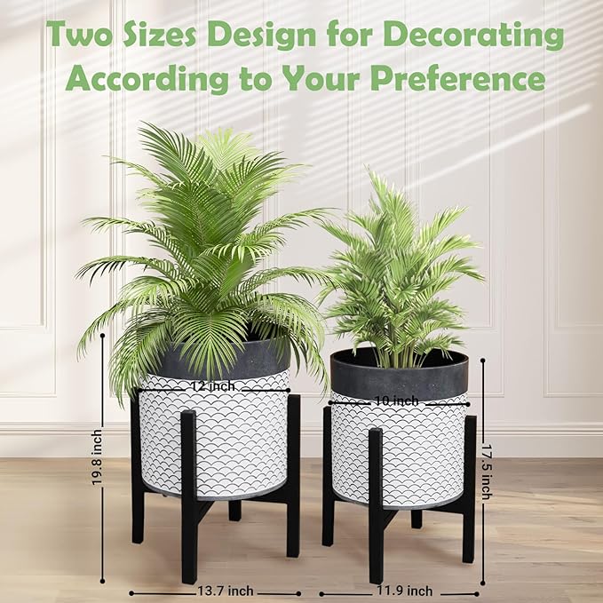 Planter with Stand Set of 2, Mid Century Plant Pots with Metal Legs Indoor, Modern Flower Pots with Drainage Holes, Decorative Garden Pot for Living Room, Office, Garden, or Balcony 10 & 12 inches