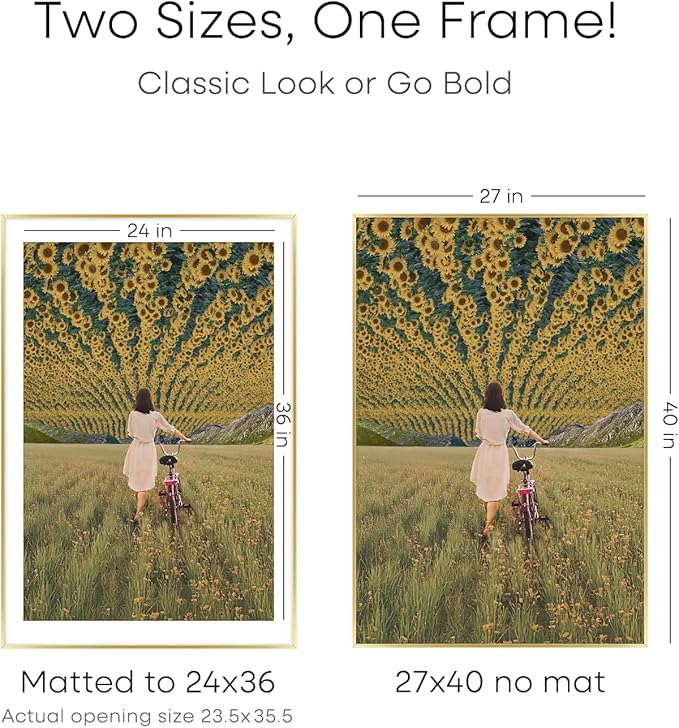 Homeforia 27x40 Picture Frame Gold, High End Metal 27 x 40 Large Poster Frames with Mat 24 by 36 inch Photo, 27x40 Gold Frame Matted to 24x36 for Print, 40x27 Frame, Tempered Glass, Wall Kit, Set of 1