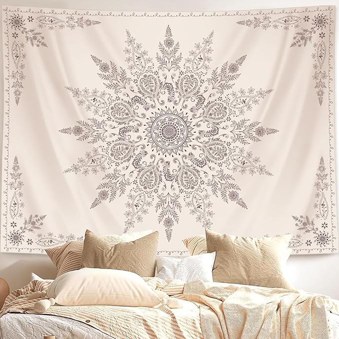 Lunerfex Boho Floral Tapestry Mandala Wall Tapestry, Cute Tapestries for Bedroom Beige Flower Tapestries Wall Hanging for Bedroom Living Room Decor Beige-2 70"x90"