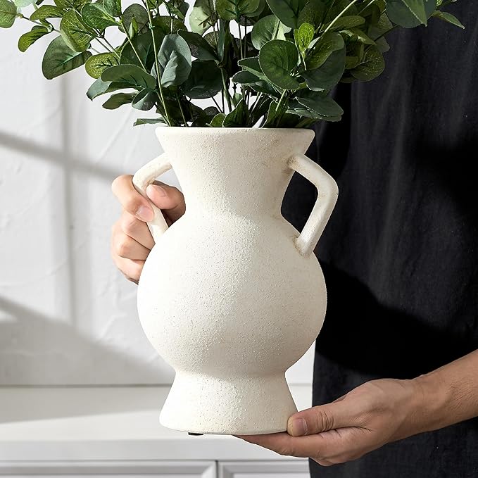 LUKA Antique Ceramic Vase with 2 Handle,9.25 inches Rustic Vase Minimalist Decor, Decorative Vases for Home Decor, Table, Living Room, Shelf, Christmas Decoration(Large,White)