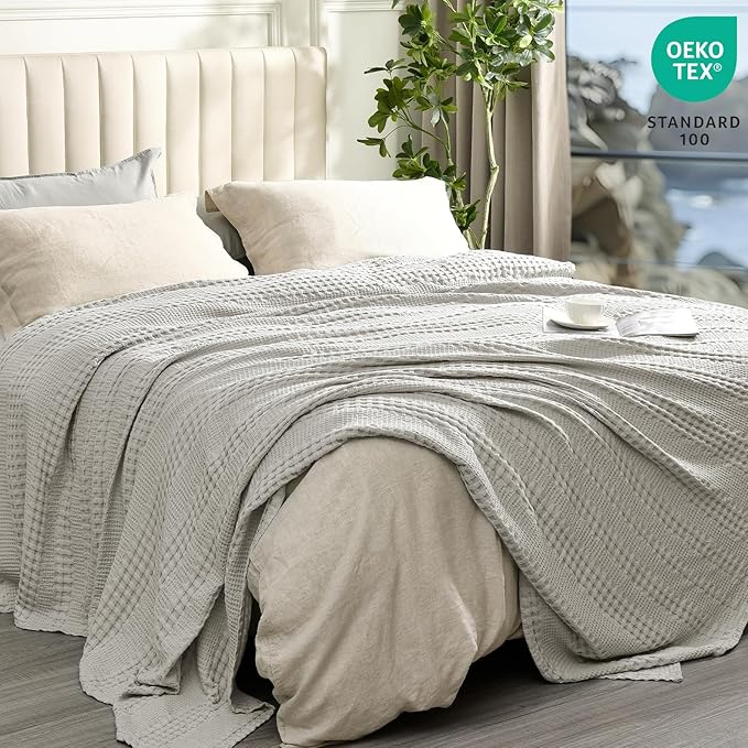 PHF Cooling Waffle Blanket Queen Size, Lightweight 60% Rayon Derived from Bamboo & 40% Cotton Breathable Blanket for Hot Sleepers, Soft and Luxury for Bed Couch and Sofa, 90"x90", Grey