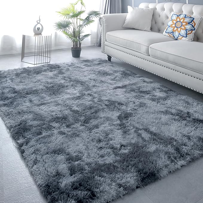Area Rug 9x12 for Living Room - Large Shag Soft Grey Rug for Bedroom - Modern Non-Slip Plush Fuzzy Floor Carpet Tie-Dyed Dark Gray