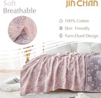 jinchan Boho 100% Cotton Muslin Twin Size 60x80 Inches Blanket Lightweight 4-Layer Quilted Soft Pink Red Floral Throw Blanket Reversible Comfy Flower Breathable All Seasons Couch Bedroom Decor