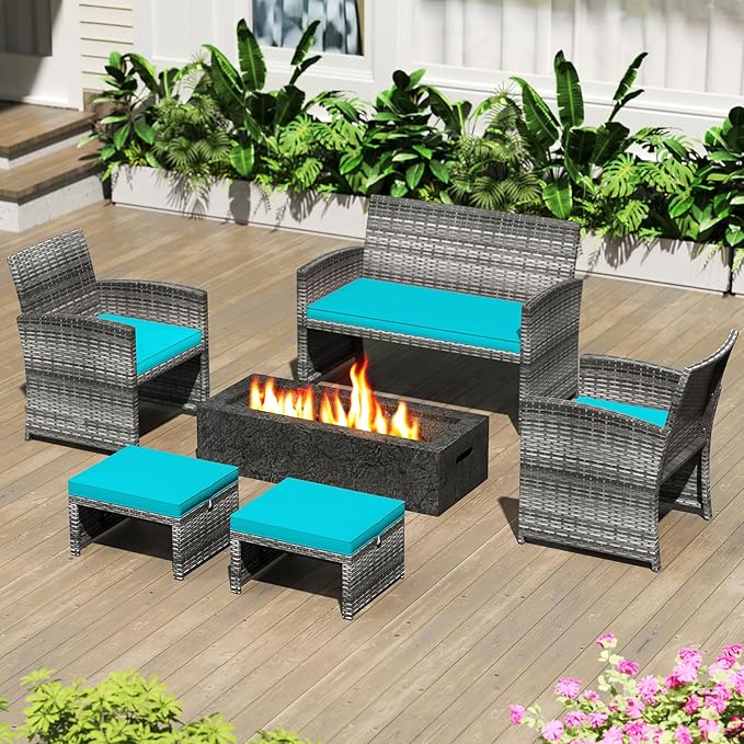 Tangkula 2 Pieces Patio PE Rattan Ottomans, Multipurpose Outdoor Footstool Footrest Additional Seating Side Table with Soft Zippered Cushions for Deck, Garden, and Yard (Turquoise)