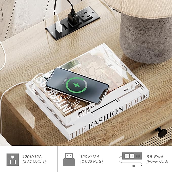 WAMPAT Set of 2 Rattan End Tables with Charging Station, Tall Side Tables Nightstand with Drawer & Storage Cabinet, Light Wood Bedside Table for Bedroom & Living Room, Burlywood