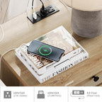 WAMPAT Farmhouse End Table with Charging Station, Rattan Side Table with Drawer & Storage Cabinet, Wooden Oak Nightstand with Power Outlets & USB Ports for Living Room, Bedroom, Burlywood