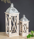 Set of 2 Large Farmhouse Wooden Metal Lanterns, Rustic Decorative Floor Candle Lanterns, Whitewash Distressed Hanging Lanterns for Home Decor (No Glass)