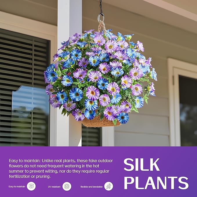 UV Resistant Artificial Petunias 8PCS Fake Flowers Artificial Flowers for Outdoors Silk Flowers Fake Hanging Basket Plants Suitable for Outdoor Porch Decoration patio Decor,Blue purple,13.3In