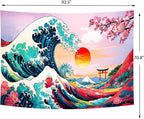 Delur Great Wave Tapestry Japanese Sunset Ocean Sea Wave Off Kanagawa Tapestry Wall Hanging Vintage Asian Anime Cherry Blossom Nature Headboard for Bedroom Living Room Home Decor (70.8" x 92.5")