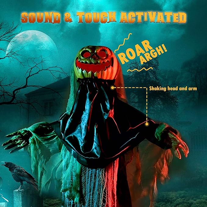 AW Scary Animated Halloween Decorations Jack-O-Lantern,Pumpkin Ghost Props 5.4 Ft Full Life Size with Motion/Sound Activated Glowing Head Horror Party Outdoor Indoor Decorations Farm Scarecrow 2025