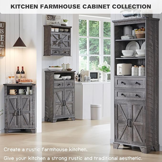 Corner Bathroom Cabinet, Farmhouse Small Corner Cabinet with Barn Door & Adjustable Shelf, Storage Cabinets for Bathroom, Kitchen, Living Room, Grey Wash