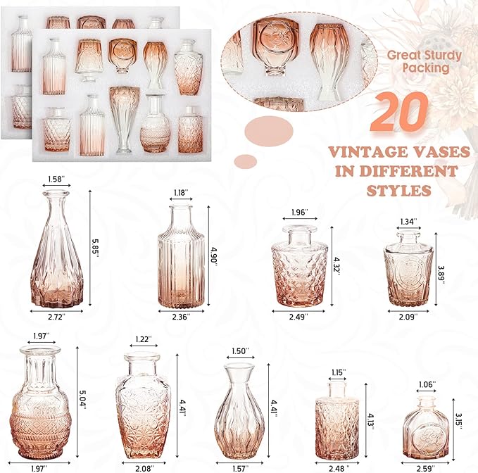 20 Pcs Glass Bud Vase Set Small Vintage Flower Vase in Bulk for Centerpieces Rustic Decorative Glass for Wedding Table Home Christmas Decoration (Pink Orange)
