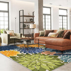 Indoor Outdoor Area Rug Washable Multicolored Patio Rug Tropical Botanical Modern Floral Indoor Outdoor Carpet Non Slip Yellow Green Rug Non Shedding for Patio, Deck, Backyard, Porch (5x8)