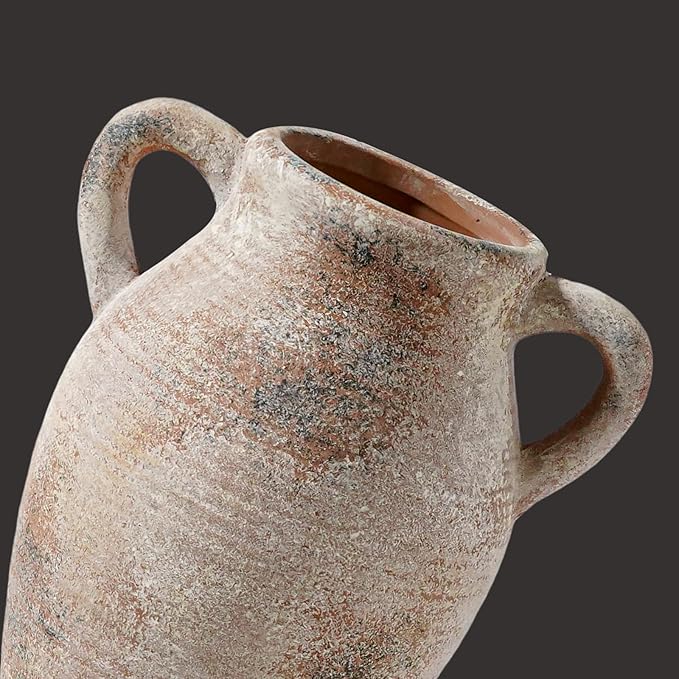 Sunddo 8 inch Rustic Vase for Home Decor, Farmhouse Terracotta Decorative Vase with Handles, Centerpiece Table Decorations, Distressed Living Room, Shelf, Mantle, Entryway, Table Decor