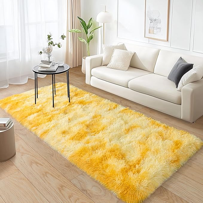 Small Rugs for Bedroom, 2x6 Fluffy Rug, Non-Slip Shag Soft Area Rug, Fuzzy Carpet for Kids Girls Boys, Modern Home Decor Aesthetic, Tie-Dyed Yellow