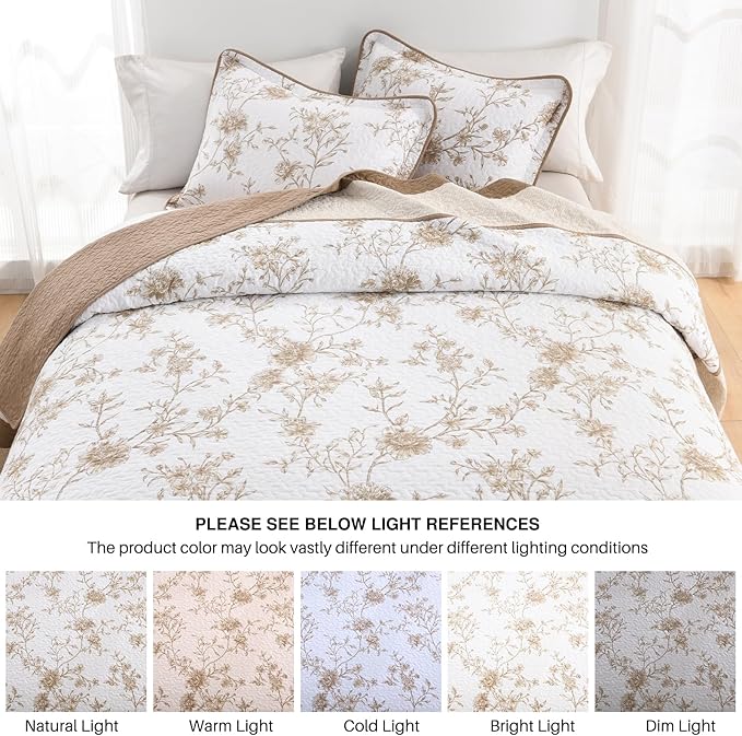 DDUOXIN Oversized King Bedspread - 120" W x120 L Extra Wide - 100% Cotton California Quilt with 2 Pillow Shams, Botanical Reversible Coverlet Bedding Set, Brown/Beige/Sugar Swizzle