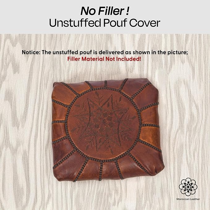 Handmade Moroccan Genuine Leather Pouf Ottoman Cover – Unstuffed Foot Stool Ottoman, Boho Foot Rest Under Desk, Round Ottoman for Living Room, Bedroom - Housewarming Gifts New Home, Weddings Gifts