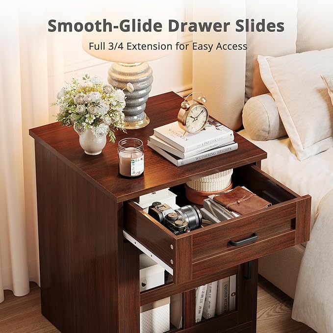 Farmhouse 18'' End Table, Narrow Sofa Side Table with Drawer and Barn Door, Wooden Nightstand Storage Cabinet for Living Room and Bedroom